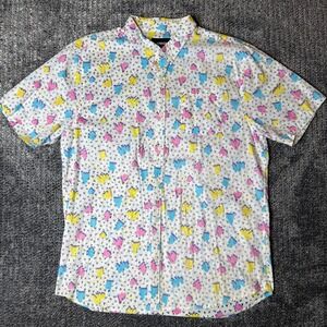 Carbon Mens XL Short Sleeve Button Down Shirt Abstract Print White Pink Blue